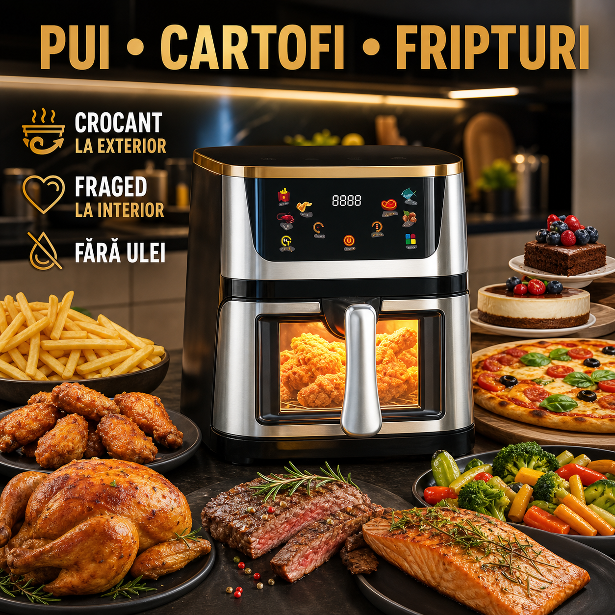 Friteuză cu Aer Cald 10L, 2400W, Display Digital Touch, Geam Transparent, Negru