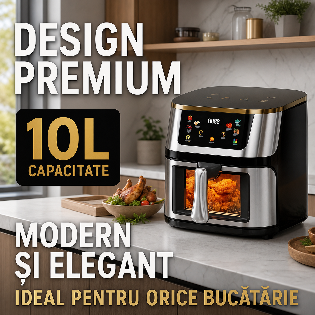 Friteuză cu Aer Cald 10L, 2400W, Display Digital Touch, Geam Transparent, Negru
