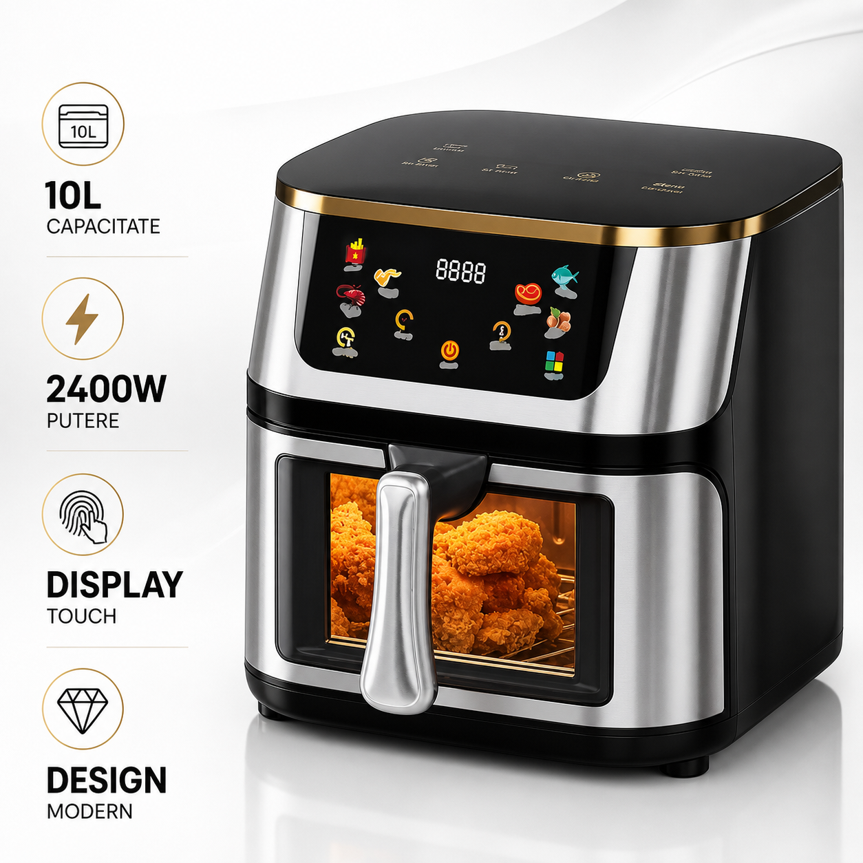 Friteuză cu Aer Cald 10L, 2400W, Display Digital Touch, Geam Transparent, Negru