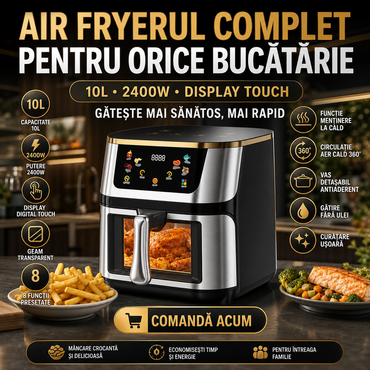 Friteuză cu Aer Cald 10L, 2400W, Display Digital Touch, Geam Transparent, Negru