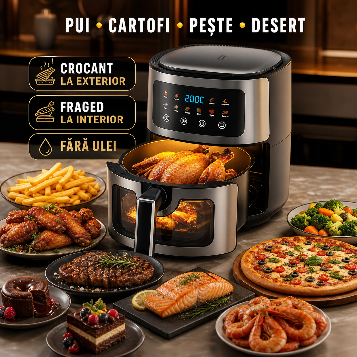 Friteuză cu Aer Cald AT PERFORMANCE, 8L, 2800W, Display Touch, 10 Programe, Negru