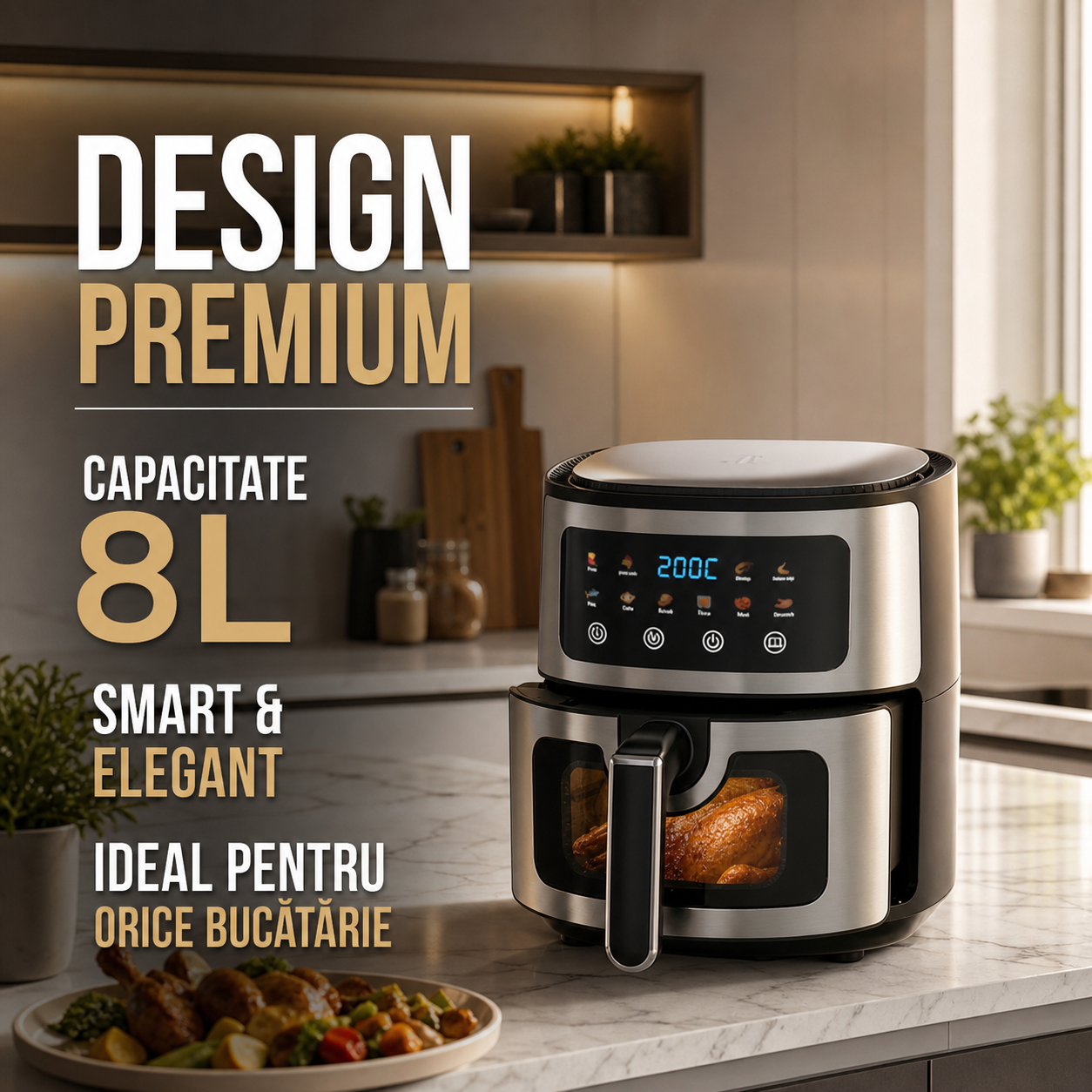 Friteuză cu Aer Cald AT PERFORMANCE, 8L, 2800W, Display Touch, 10 Programe, Negru