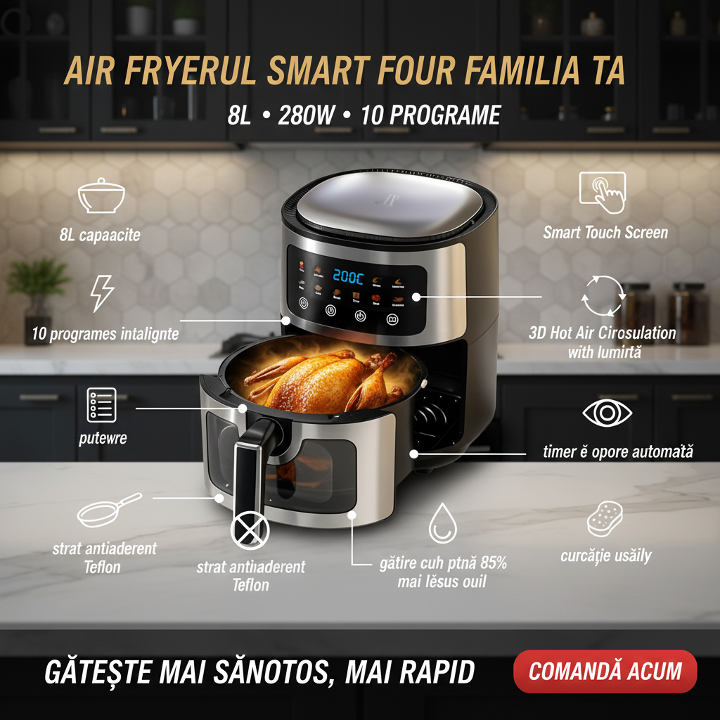 Friteuză cu Aer Cald AT PERFORMANCE, 8L, 2800W, Display Touch, 10 Programe, Negru