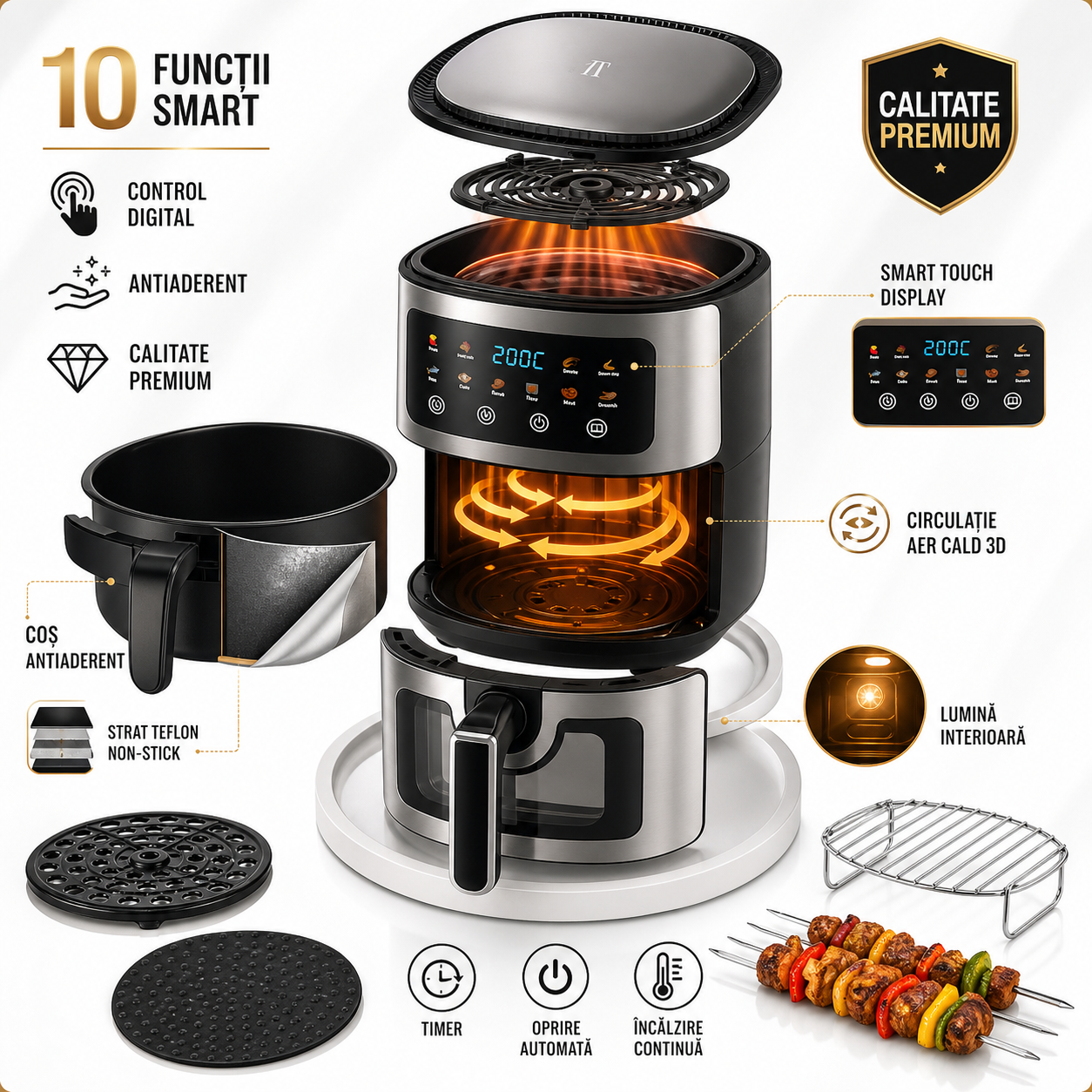 Friteuză cu Aer Cald AT PERFORMANCE, 8L, 2800W, Display Touch, 10 Programe, Negru