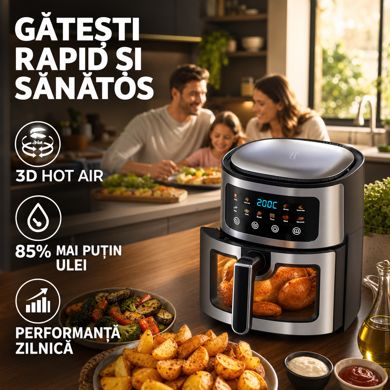Friteuză cu Aer Cald AT PERFORMANCE, 8L, 2800W, Display Touch, 10 Programe, Negru