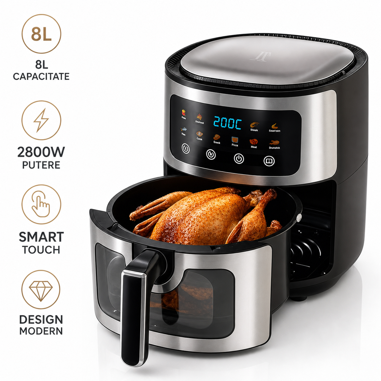Friteuză cu Aer Cald AT PERFORMANCE, 8L, 2800W, Display Touch, 10 Programe, Negru