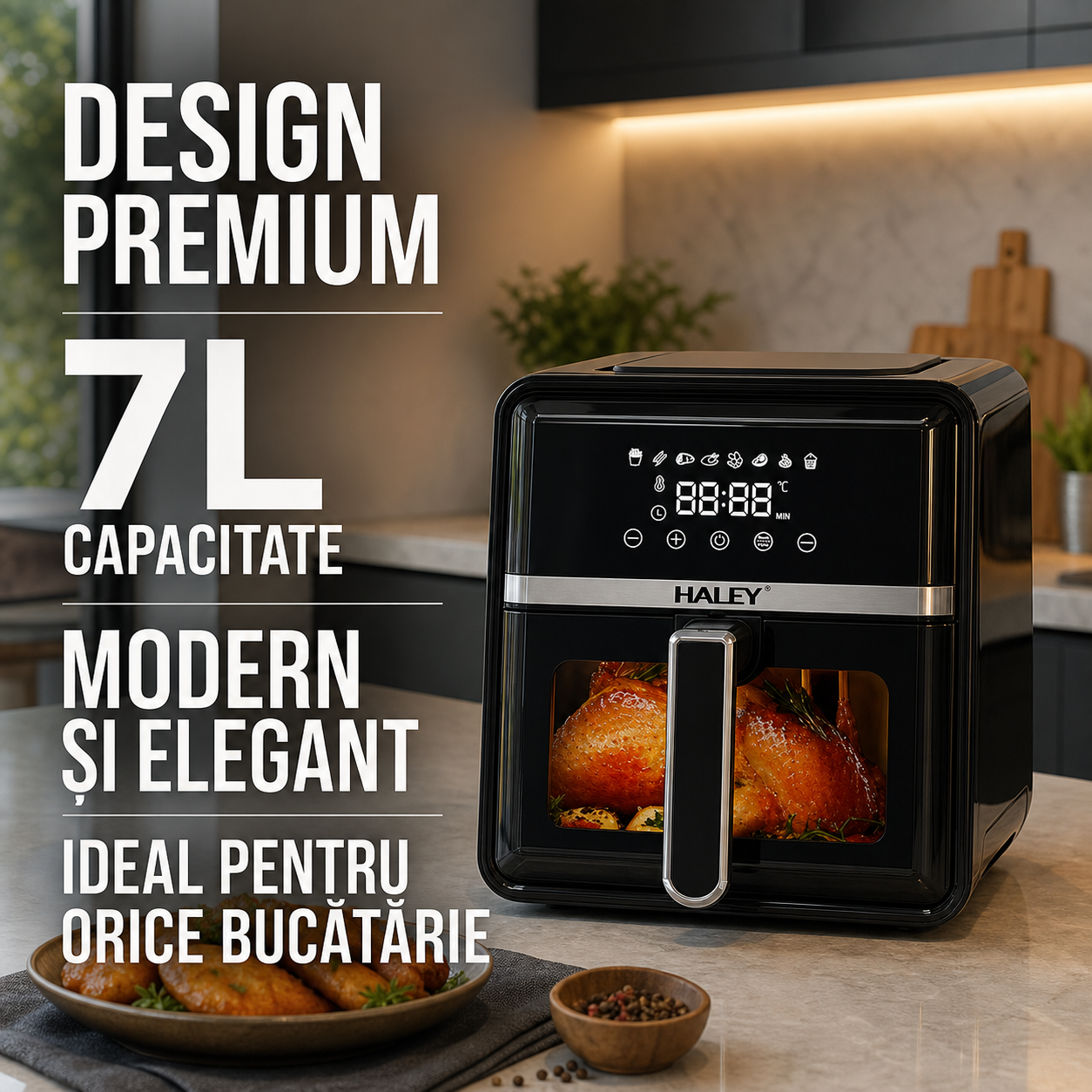 Air Fryer HALEY 7L, 2000W, Geam Transparent, Display Digital Touch
