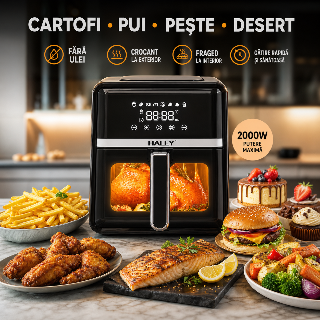 Air Fryer HALEY 7L, 2000W, Geam Transparent, Display Digital Touch