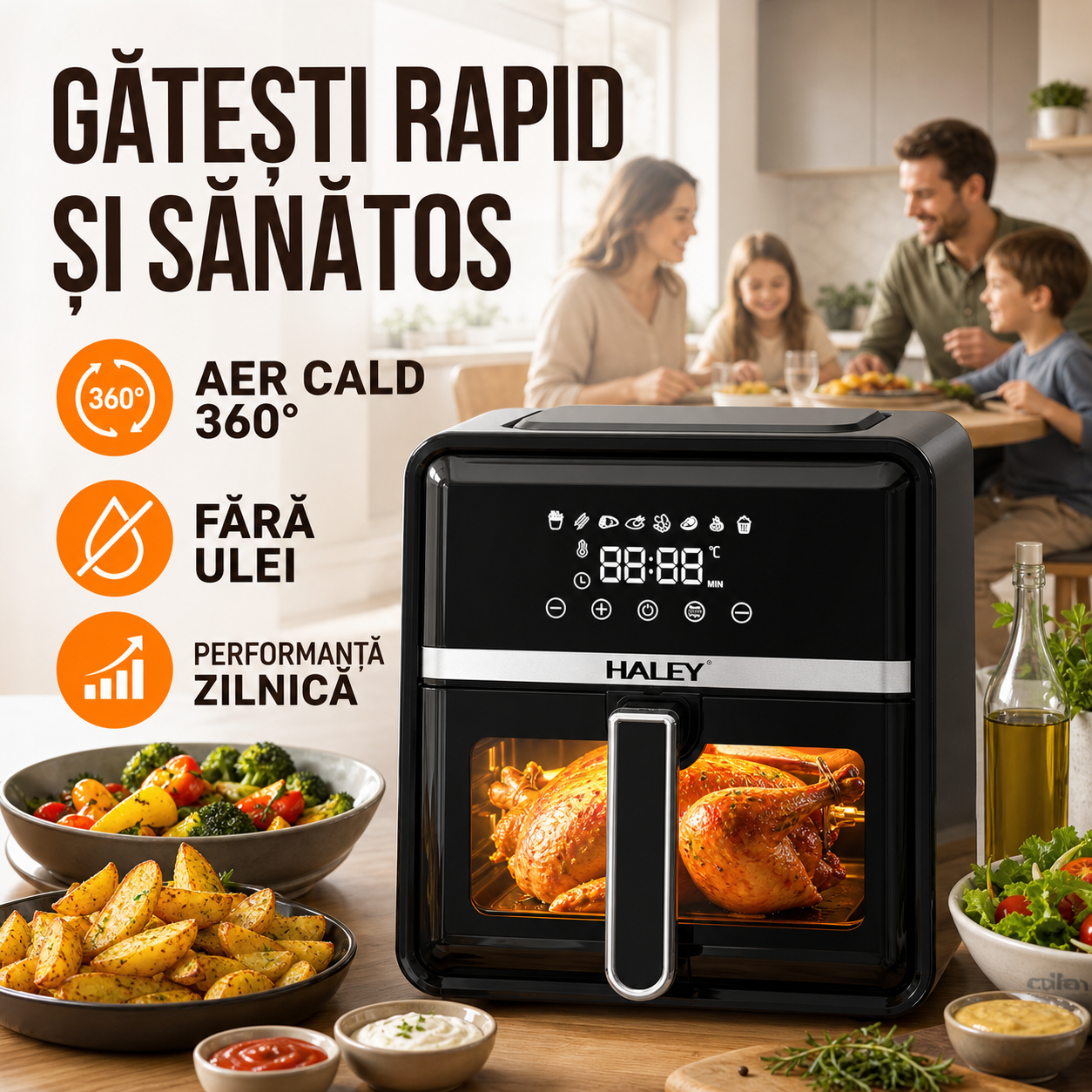 Air Fryer HALEY 7L, 2000W, Geam Transparent, Display Digital Touch