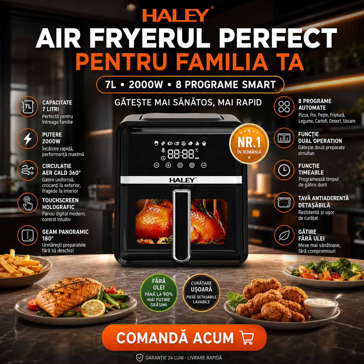 Air Fryer HALEY 7L, 2000W, Geam Transparent, Display Digital Touch