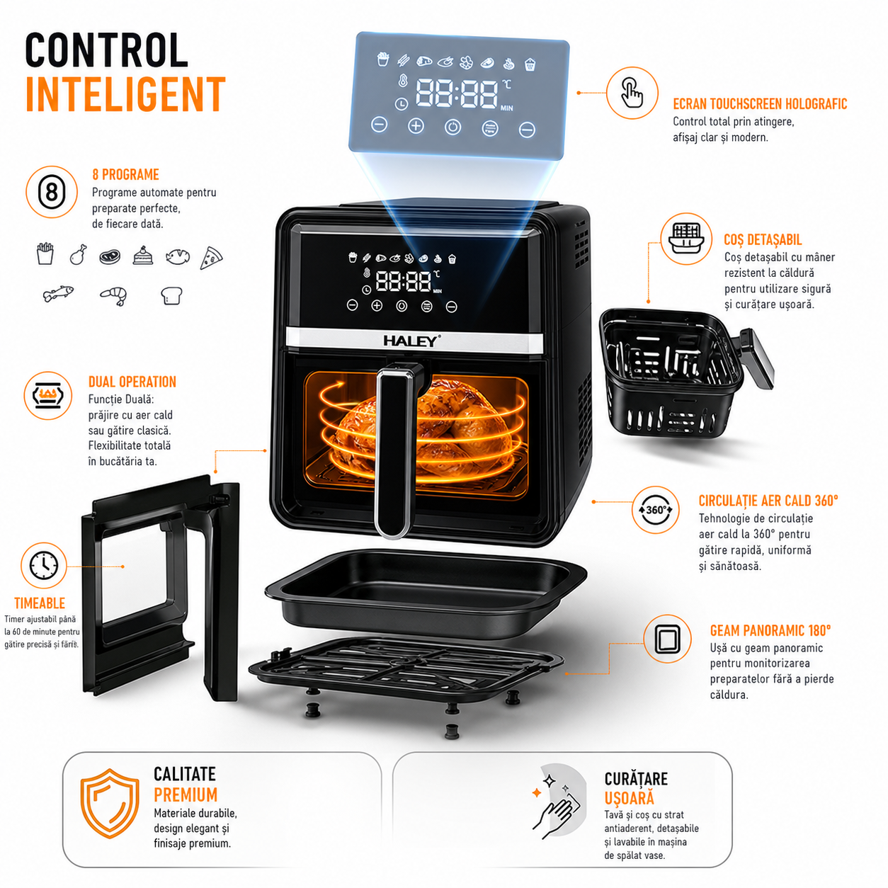 Air Fryer HALEY 7L, 2000W, Geam Transparent, Display Digital Touch