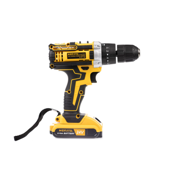Masina de gaurit autofiletanta cu percutie, 24V, 2 acumulatori, set 26 piese, galben/negru