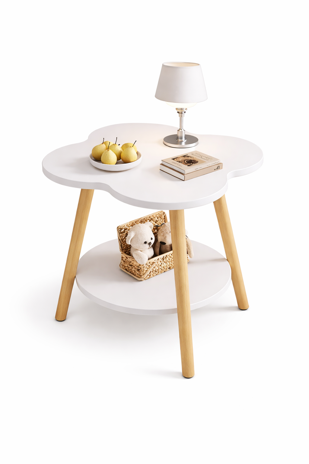 Masă de Cafea Multifuncțională cu Raft de Depozitare, 60x40x48cm – Blat Alb cu Picioare din Lemn Natural, Design Organic Modern