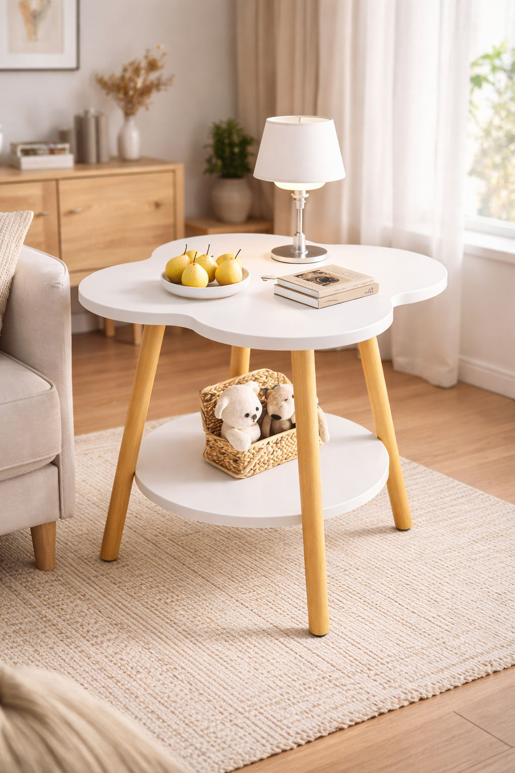 Masă de Cafea Multifuncțională cu Raft de Depozitare, 60x40x48cm – Blat Alb cu Picioare din Lemn Natural, Design Organic Modern