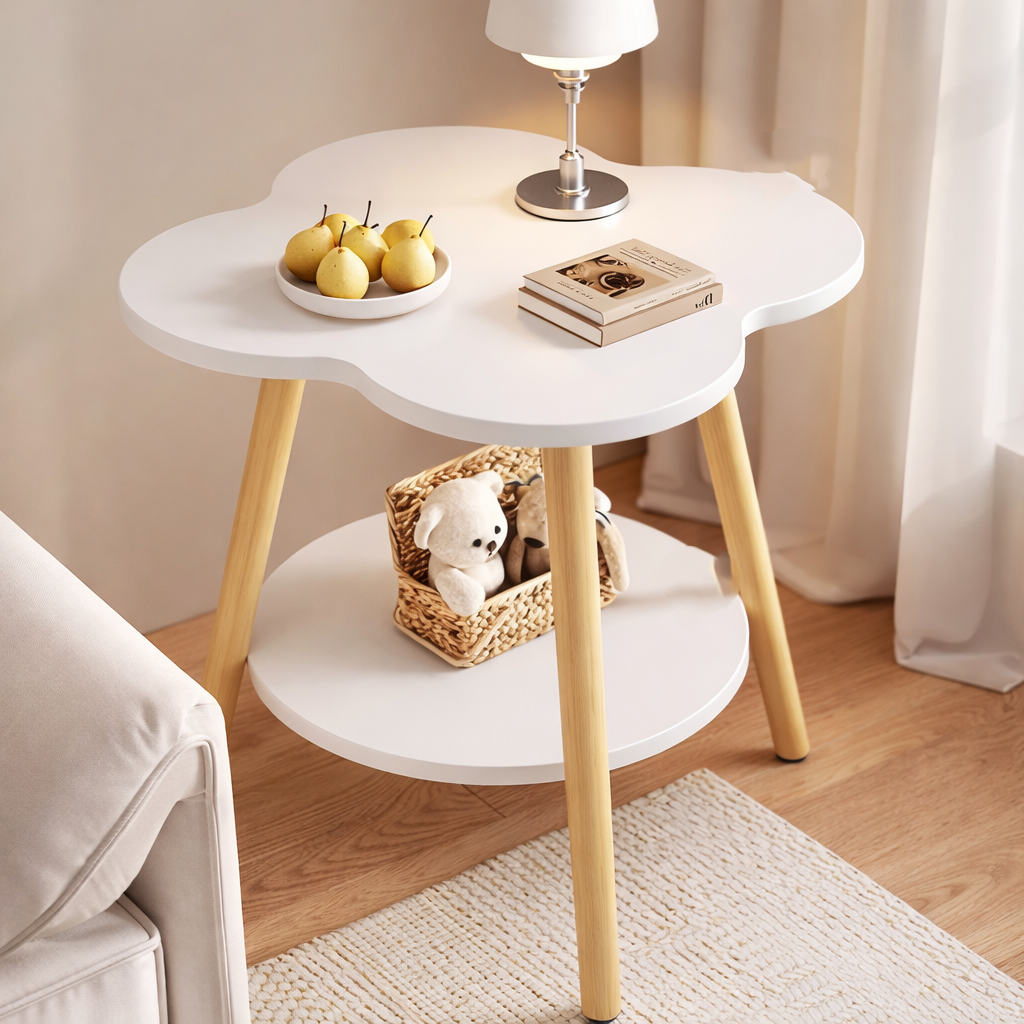 Masă de Cafea Multifuncțională cu Raft de Depozitare, 60x40x48cm – Blat Alb cu Picioare din Lemn Natural, Design Organic Modern