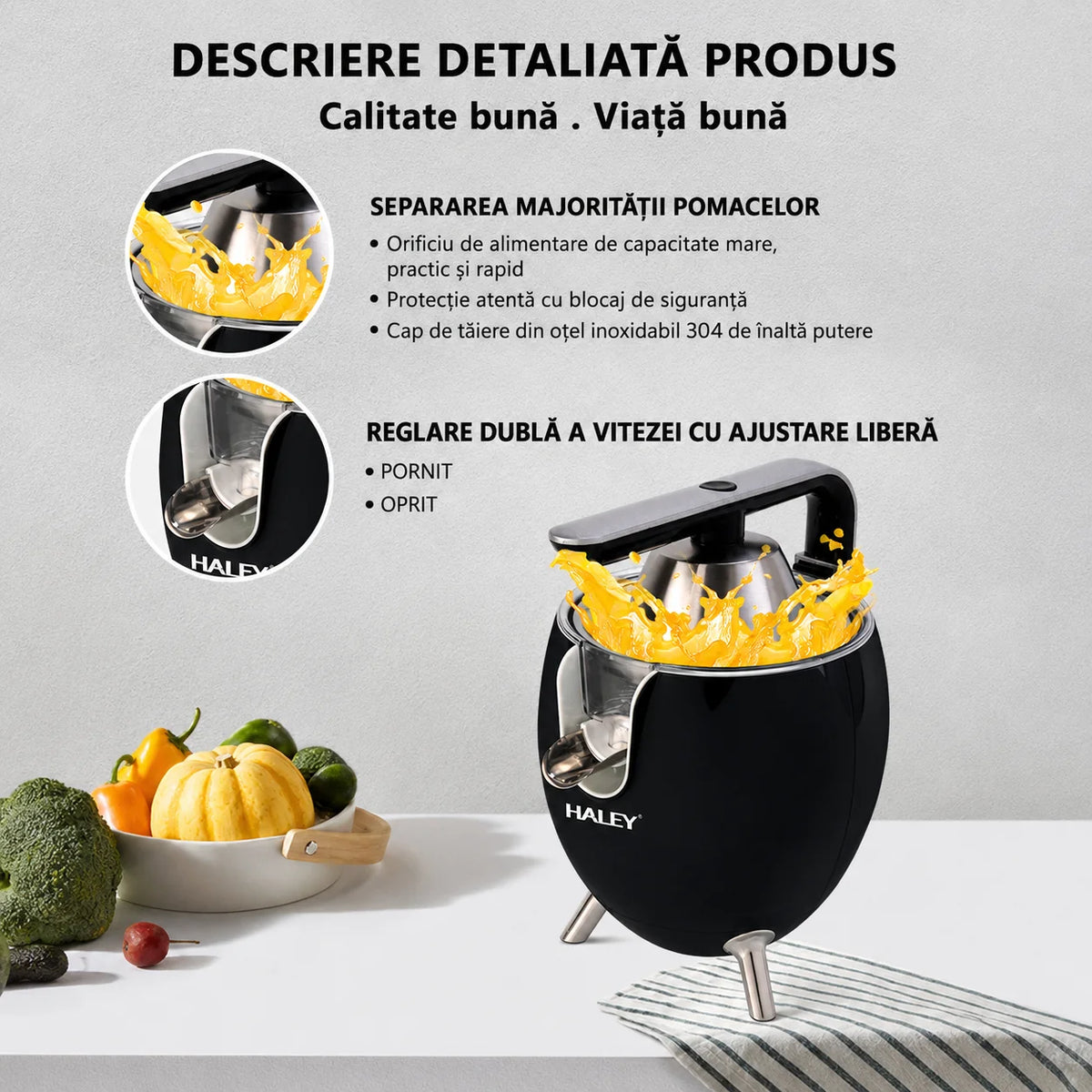 Storcător Electric de Citrice HALEY HY-2965, 500W, 2 Conuri, Sistem de Presare, Inox, Anti-Picurare