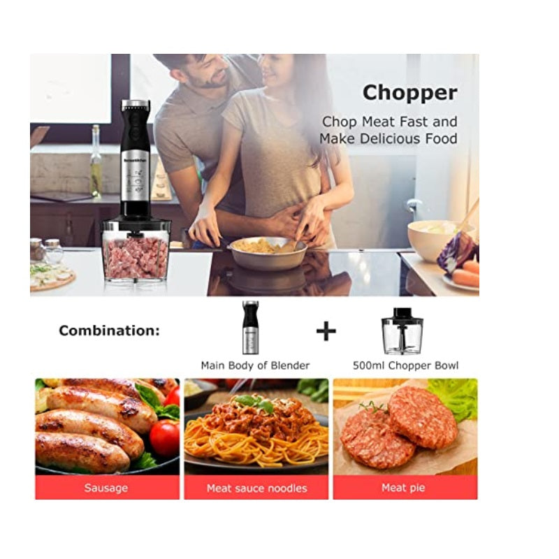 Blender de Mana cu Motor 1000W, Cutit QuattroBlade Pro, Food Processor Inclus, Viteza Reglabila