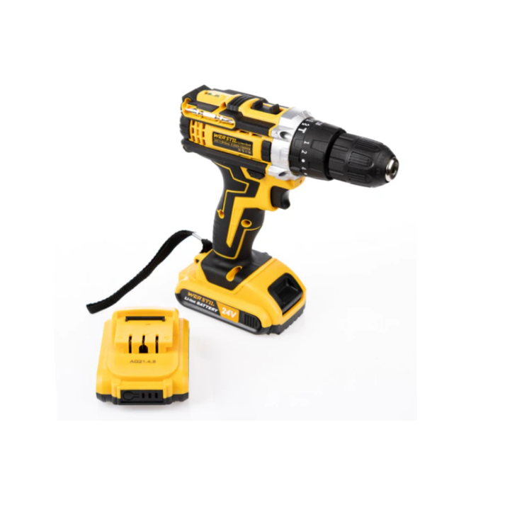 Masina de gaurit autofiletanta cu percutie, 24V, 2 acumulatori, set 26 piese, galben/negru