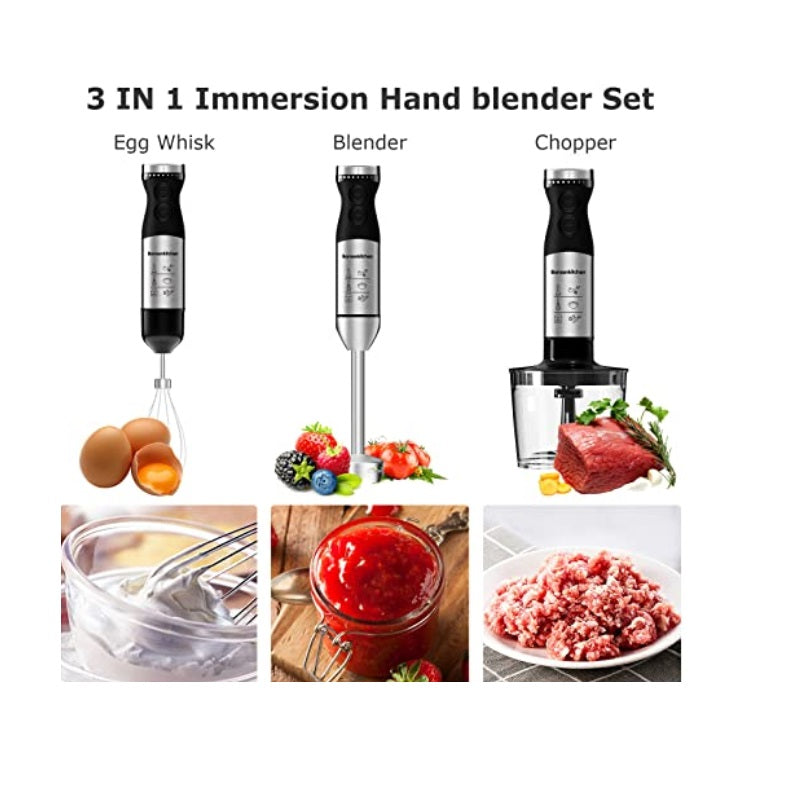 Blender de Mana cu Motor 1000W, Cutit QuattroBlade Pro, Food Processor Inclus, Viteza Reglabila