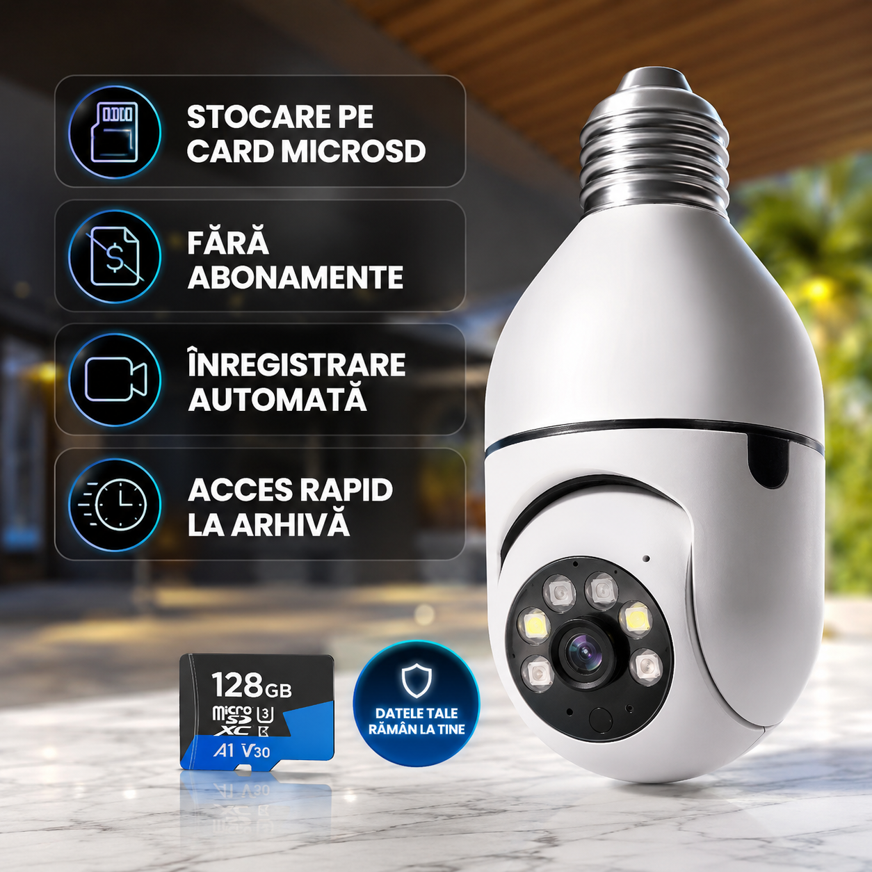 Camera WiFi Tip Bec E27 cu Rotire 355° si Detectare PIR