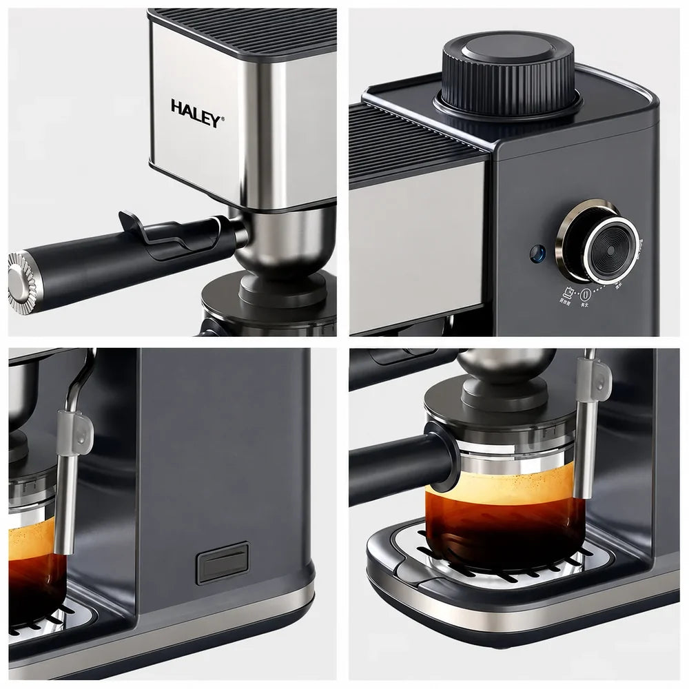 Espressor de Cafea HALEY HY-2822, 1500W, 5 Bar, Rezervor 350 ml, Sistem Spumare Lapte, Filtru Inox, Carafă din Sticlă