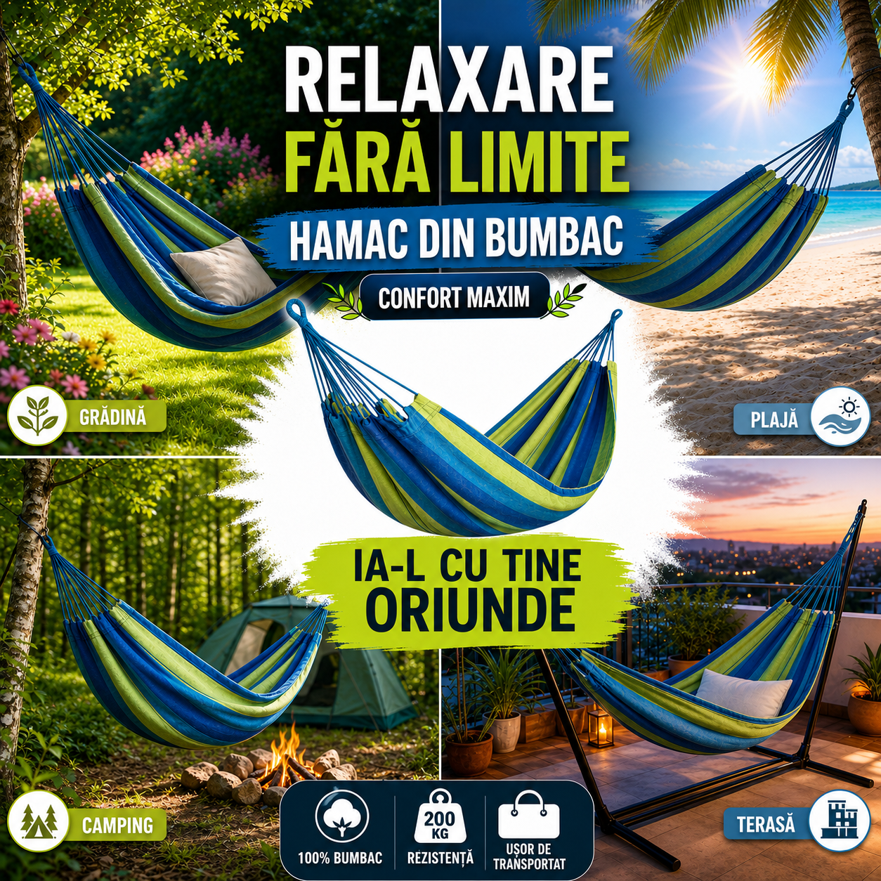 Hamac din Bumbac 190 x 150 cm, Capacitate 150 kg, pentru Gradina, Terasa si Camping