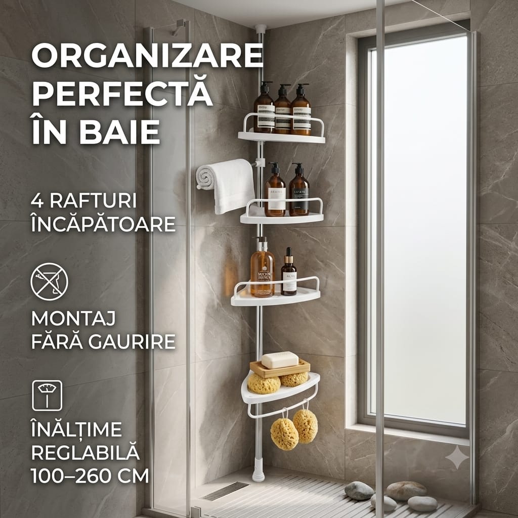 Etajera colt pentru baie si dus, 4 rafturi, inaltime reglabila