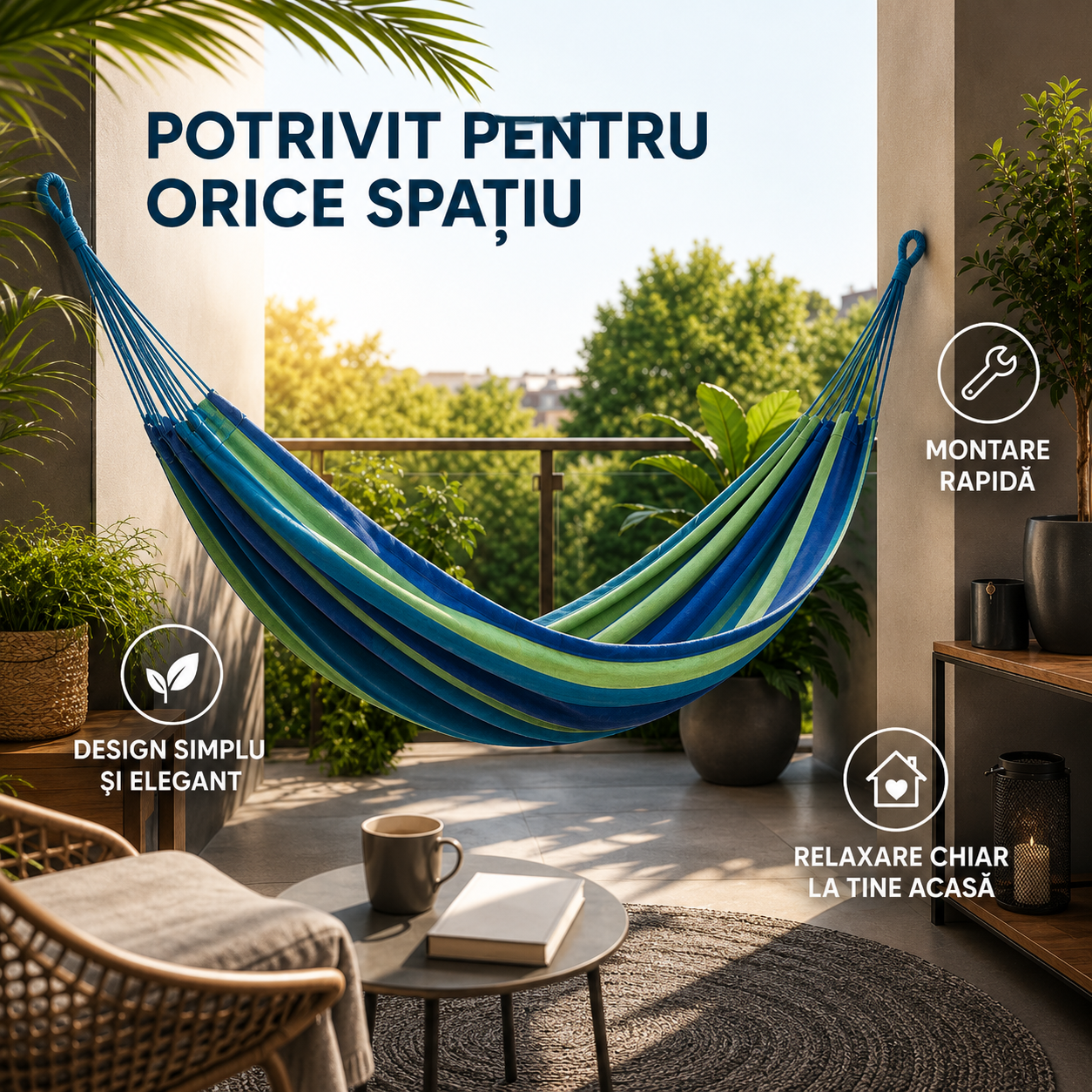 Hamac din Bumbac 190 x 150 cm, Capacitate 150 kg, pentru Gradina, Terasa si Camping
