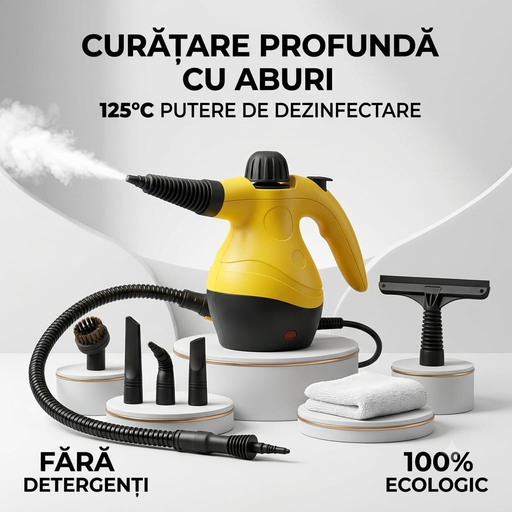 Aparat de curățat cu aburi – 1000W, 125°C, 250 ml, 5 m cablu, accesorii incluse