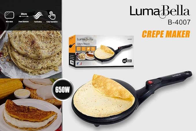 Aparat Electric pentru Clătite (Crepe Maker) LumaBella, 650W – Placă Largă din Metal, Design Slim și Compact, Negru