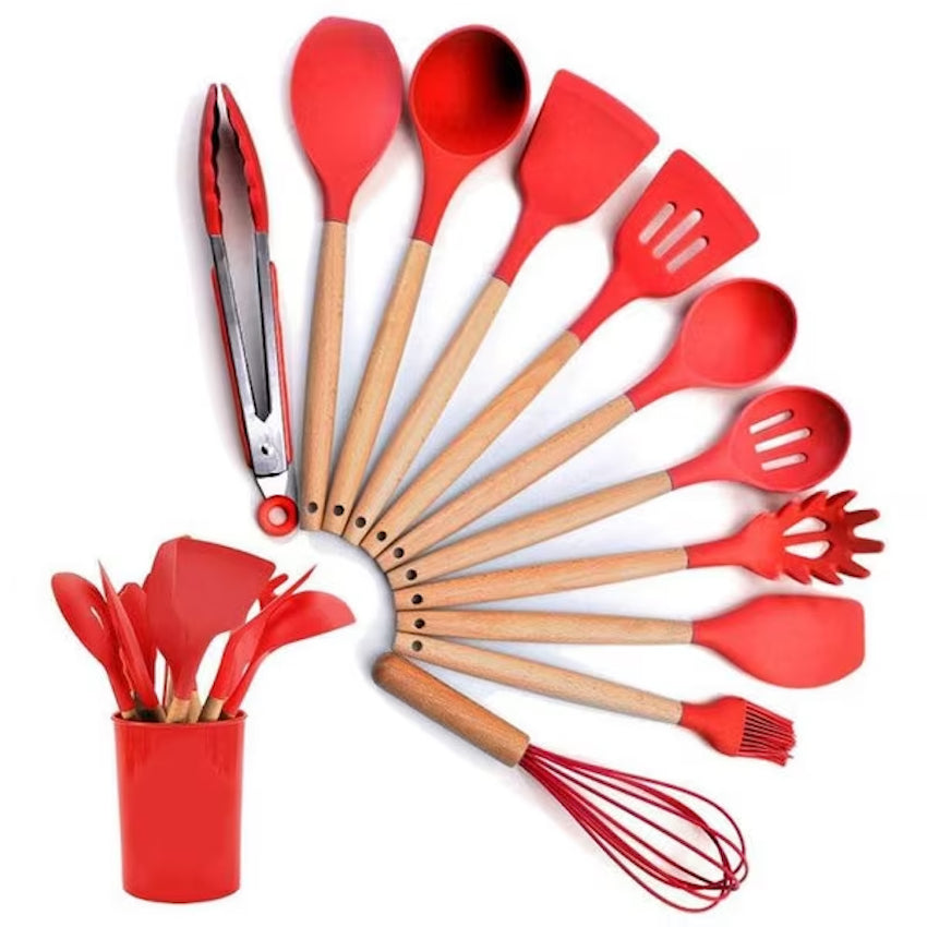Set 12 ustensile din silicon alimentar, cu maner de lemn, rosu