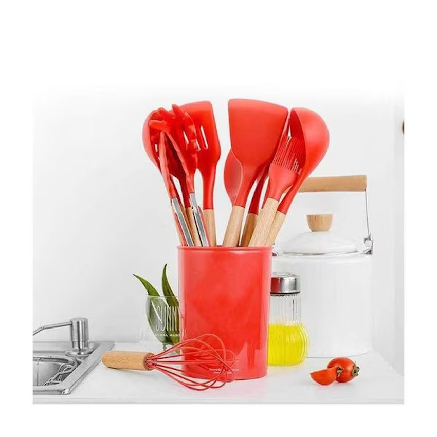 Set 12 ustensile din silicon alimentar, cu maner de lemn, rosu