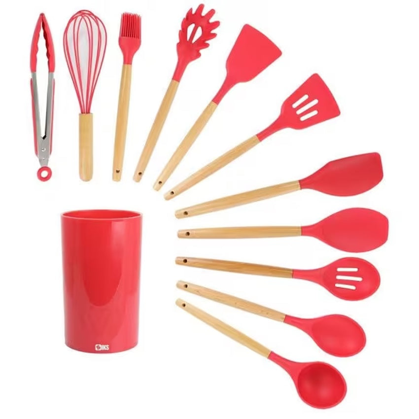 Set 12 ustensile din silicon alimentar, cu maner de lemn, rosu