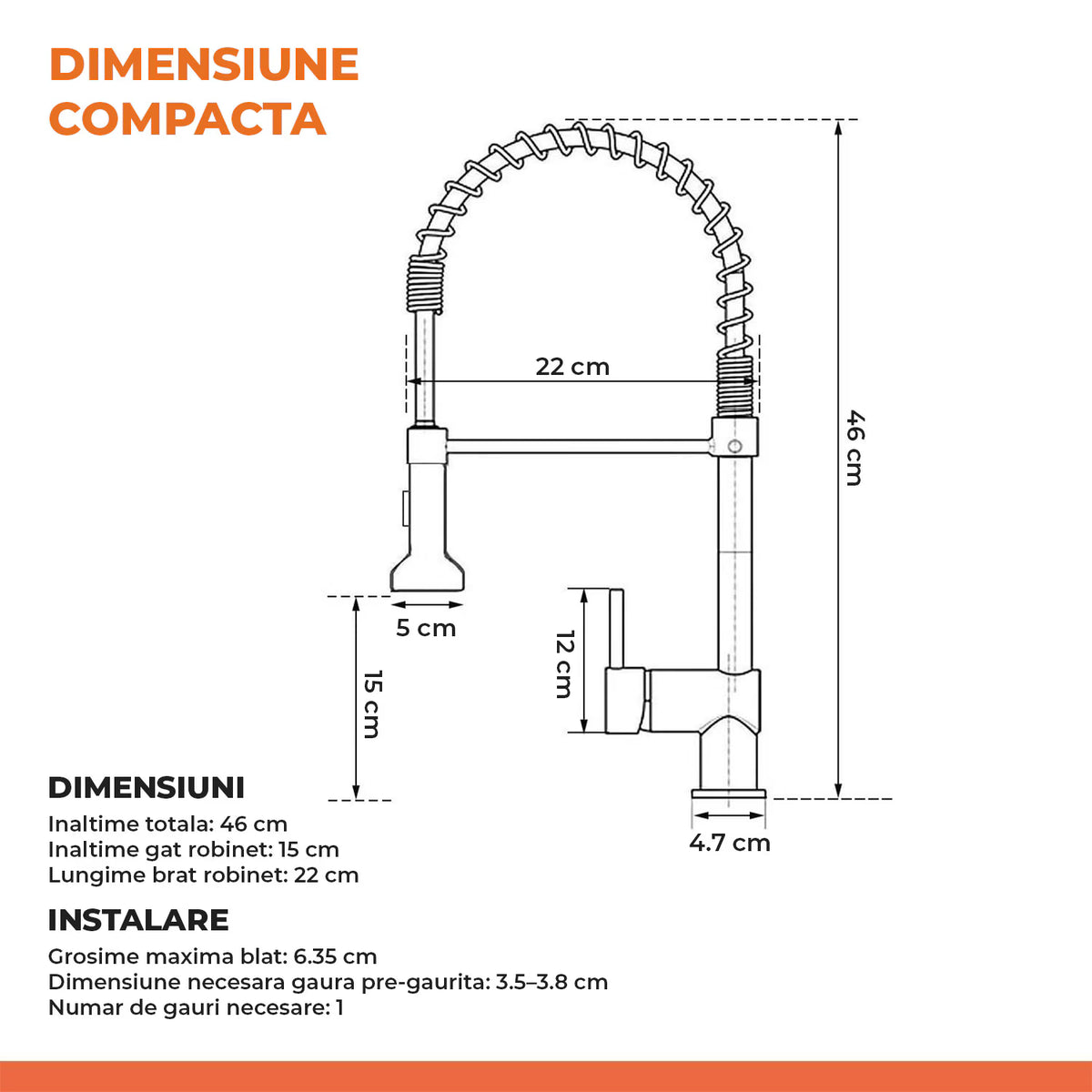 Baterie de bucătărie neagră, cu pipă flexibilă și duș extractabil, 2 moduri de jet, inox, 46 cm