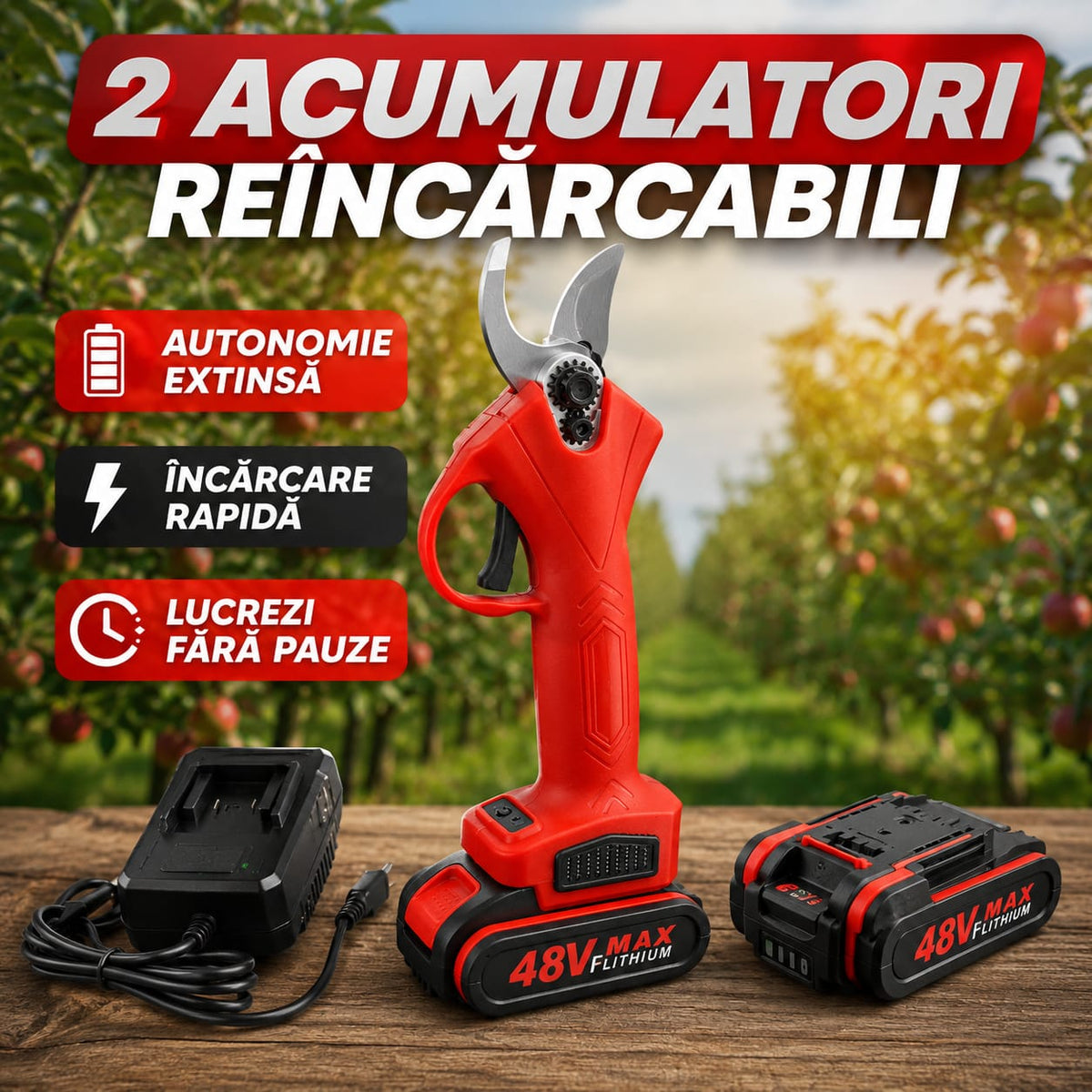 Foarfeca electrica portabila pentru Gradinarit, 2 Acumulatori de 48Vf, Lama din otel Carbon