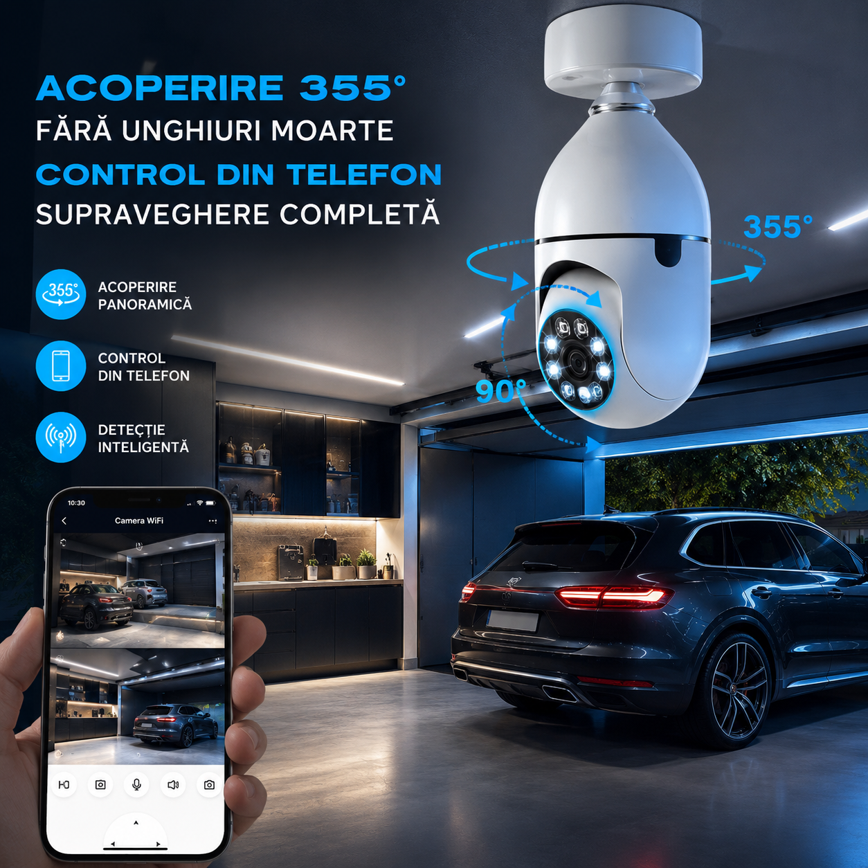 Camera WiFi Tip Bec E27 cu Rotire 355° si Detectare PIR