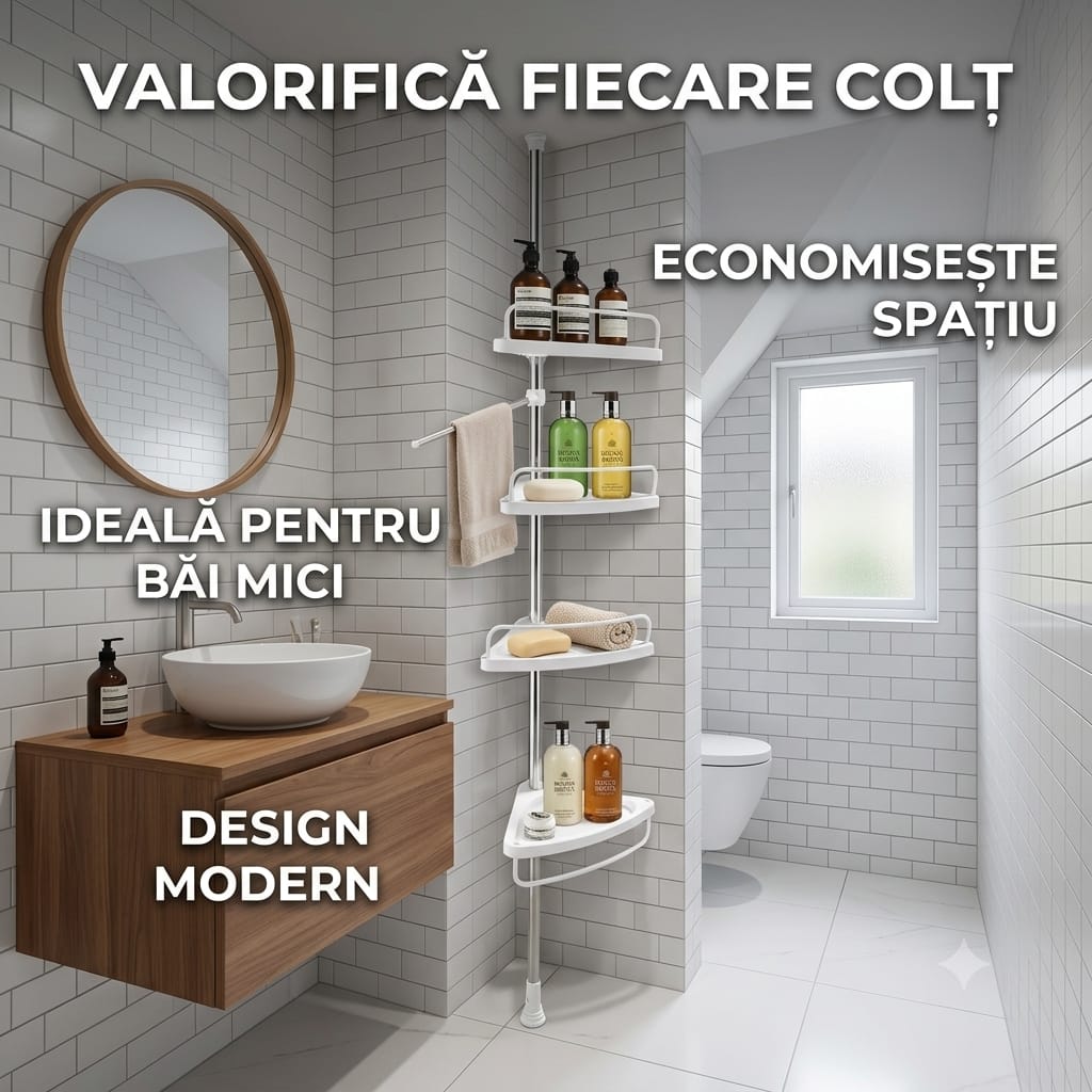 Etajera colt pentru baie si dus, 4 rafturi, inaltime reglabila