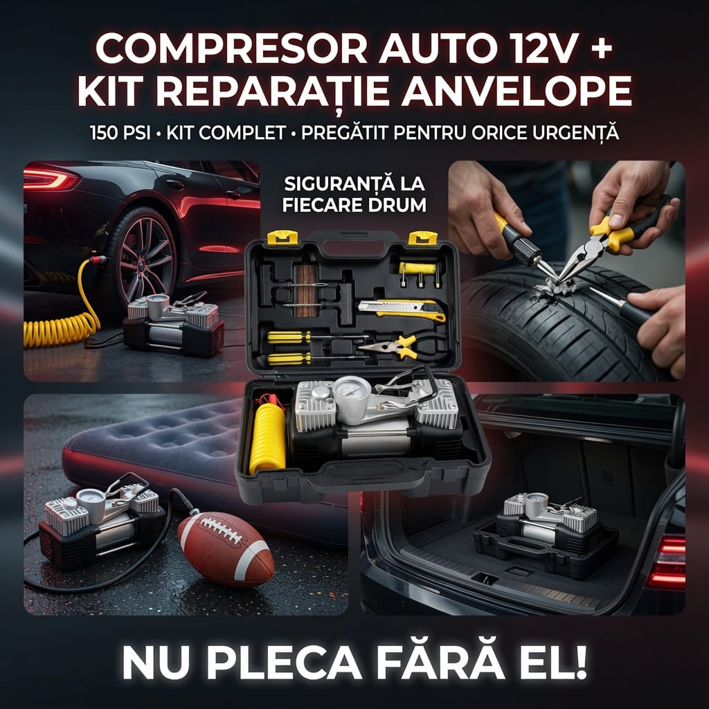 Kit reparatie pana auto + Compresor 12V 2 cilindri, 150 PSI, 7 accesorii, valiza transport
