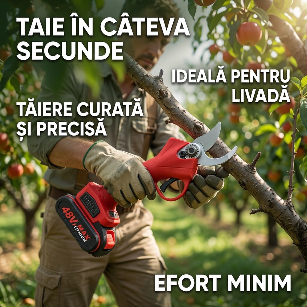 Foarfeca electrica portabila pentru Gradinarit, 2 Acumulatori de 48Vf, Lama din otel Carbon