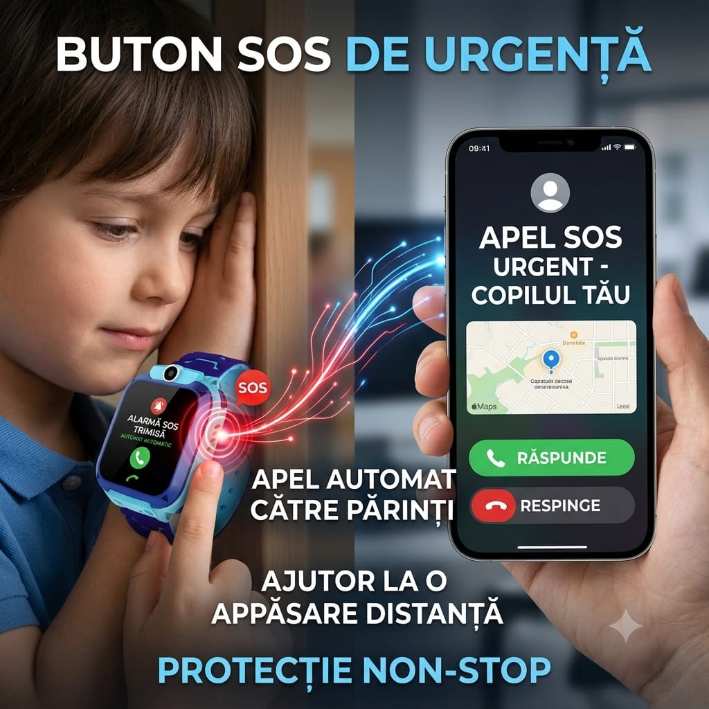Ceas Inteligent pentru Copii cu GPS, LBS, SIM și Buton SOS, Compatibil Android/iOS
