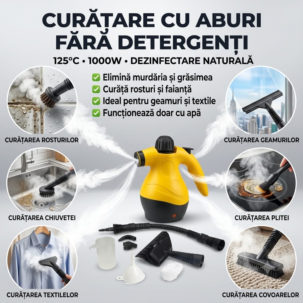 Aparat de curățat cu aburi – 1000W, 125°C, 250 ml, 5 m cablu, accesorii incluse