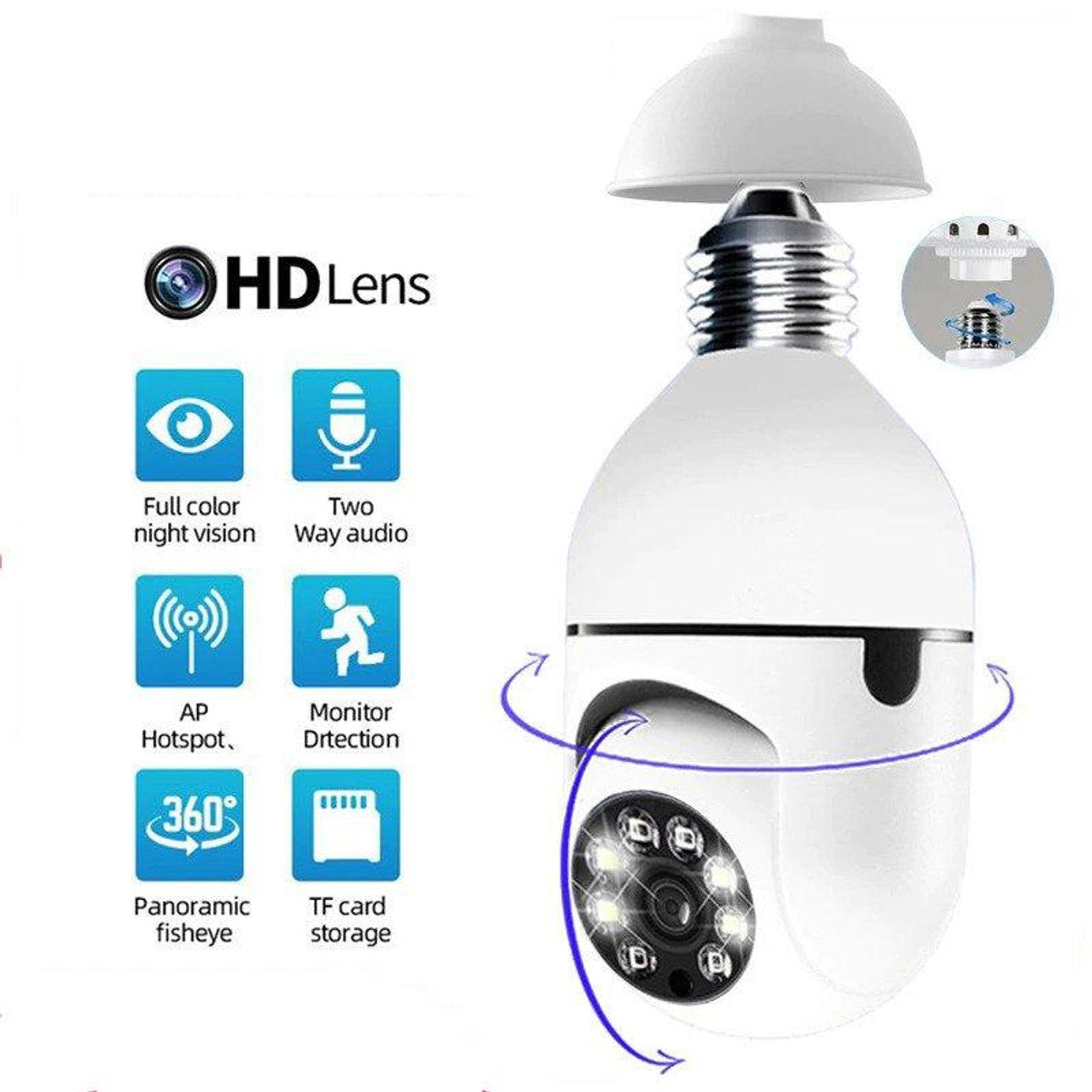 Camera WiFi Tip Bec E27 cu Rotire 355° si Detectare PIR