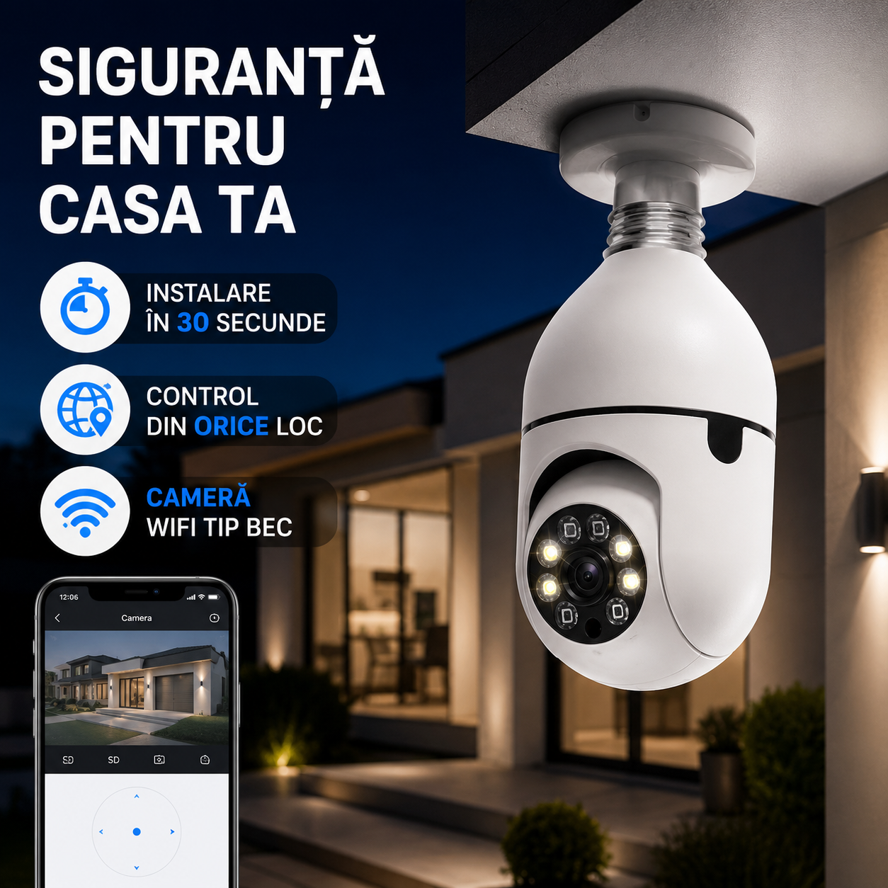 Camera WiFi Tip Bec E27 cu Rotire 355° si Detectare PIR