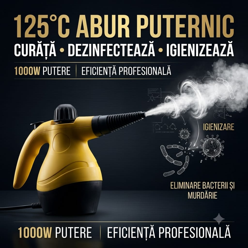 Aparat de curățat cu aburi – 1000W, 125°C, 250 ml, 5 m cablu, accesorii incluse