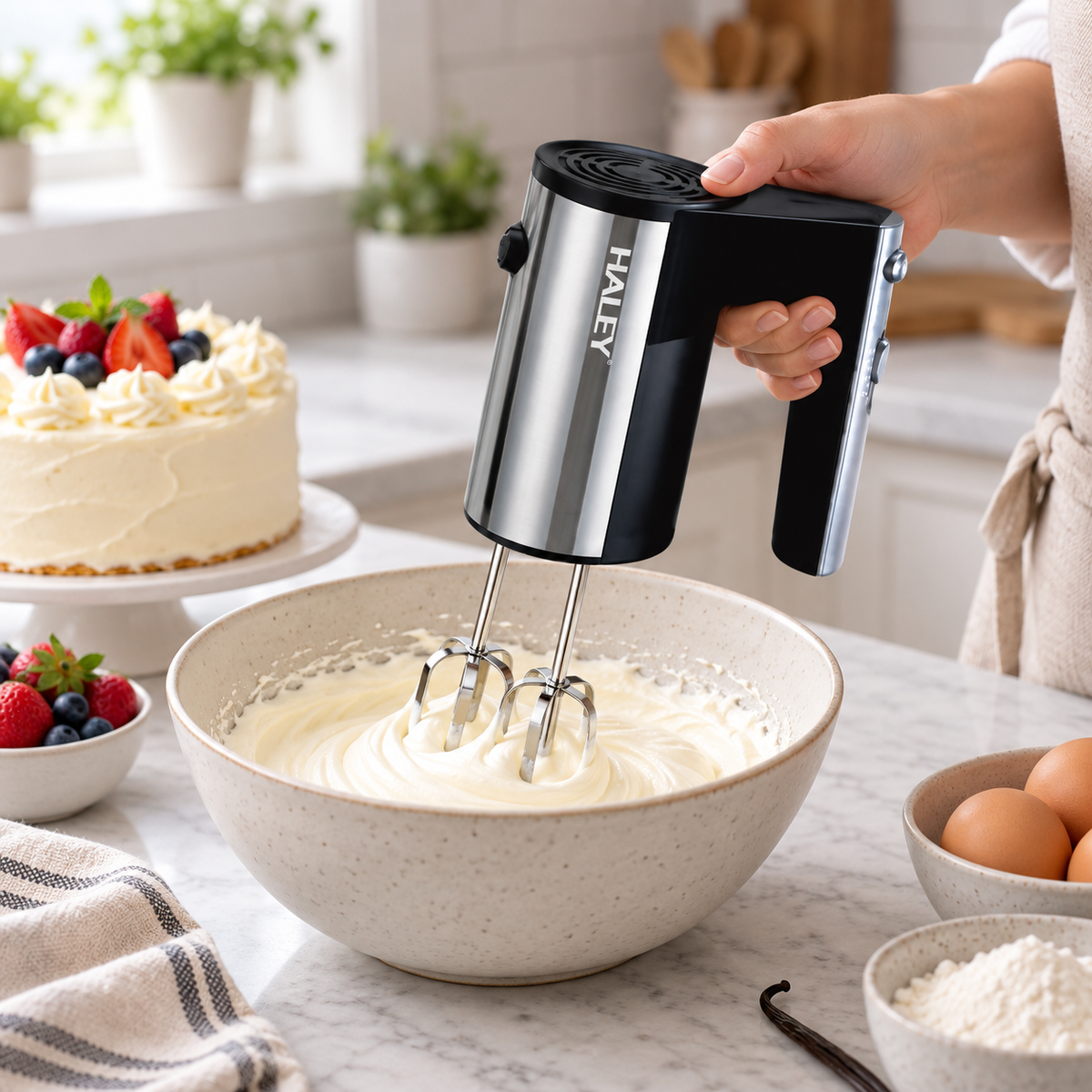 Mixer de Mână HALEY HY-1667, 500 W, 5 Viteze, Carcasă din Inox, 2 Teluri și 2 Cârlige pentru Aluat
