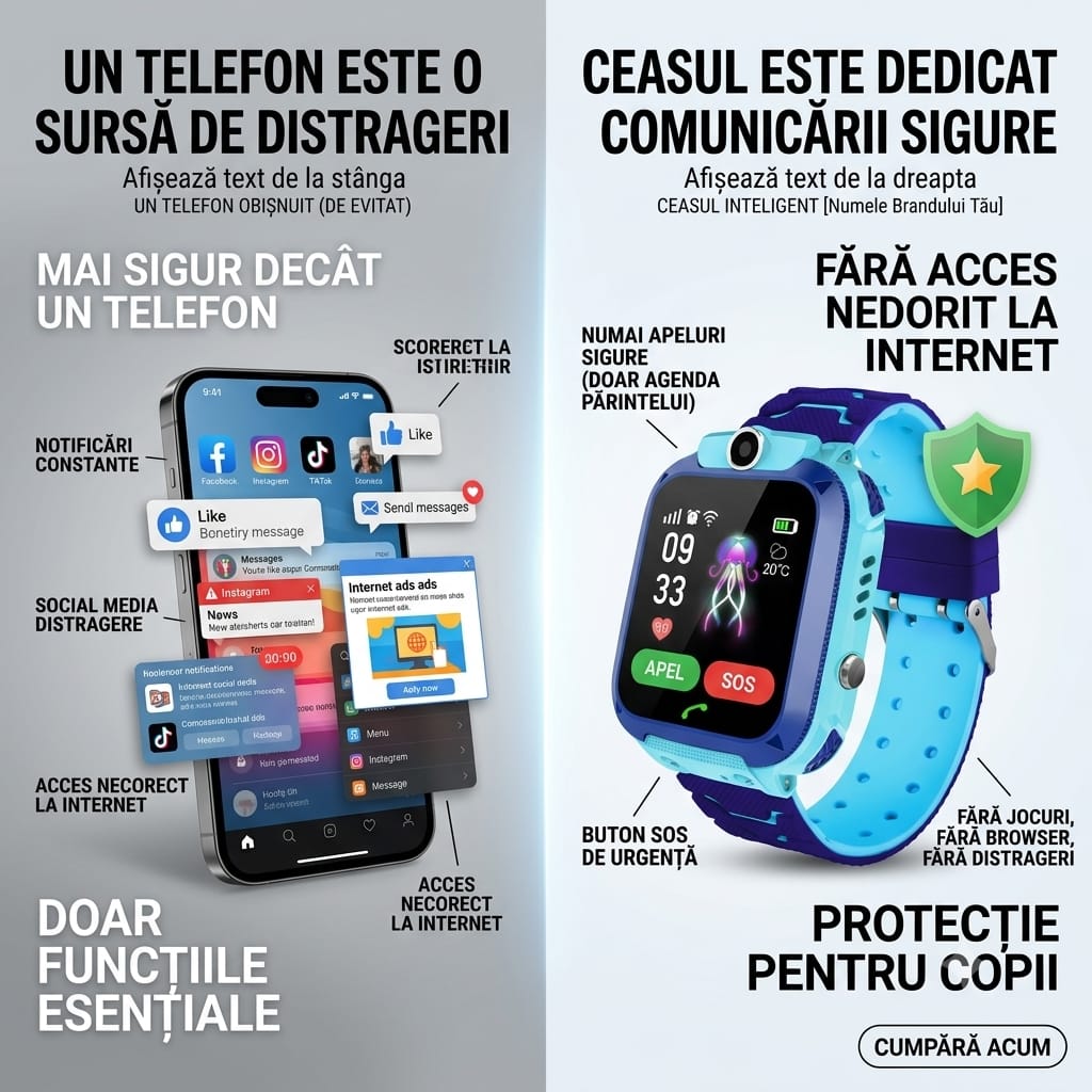 Ceas Inteligent pentru Copii cu GPS, LBS, SIM și Buton SOS, Compatibil Android/iOS