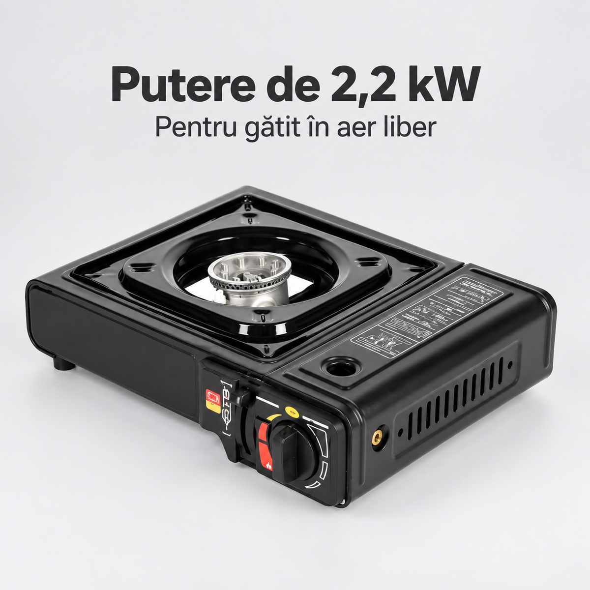 Aragaz portabil pentru camping, 2,2 kW, alimentare duală, aprindere piezoelectrică și adaptor pentru butelie