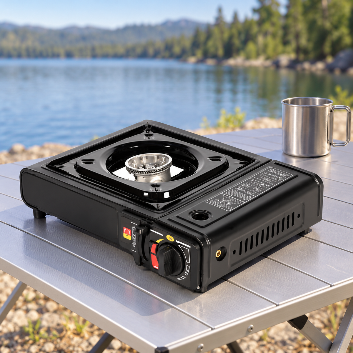 Aragaz portabil pentru camping, 2,2 kW, alimentare duală, aprindere piezoelectrică și adaptor pentru butelie