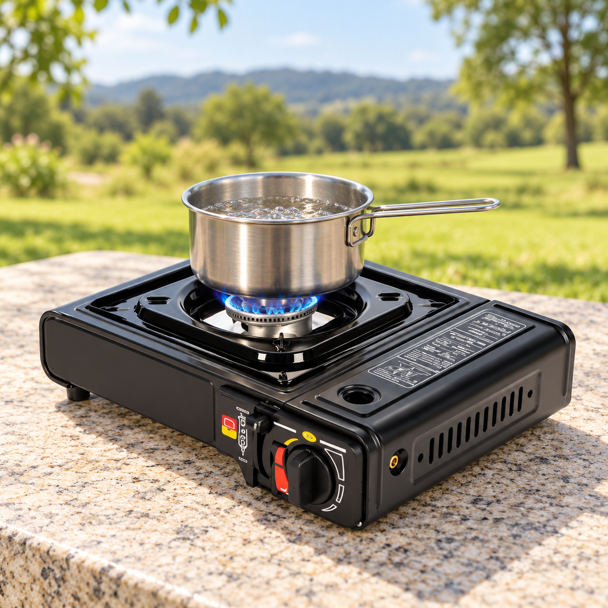 Aragaz portabil pentru camping, 2,2 kW, alimentare duală, aprindere piezoelectrică și adaptor pentru butelie