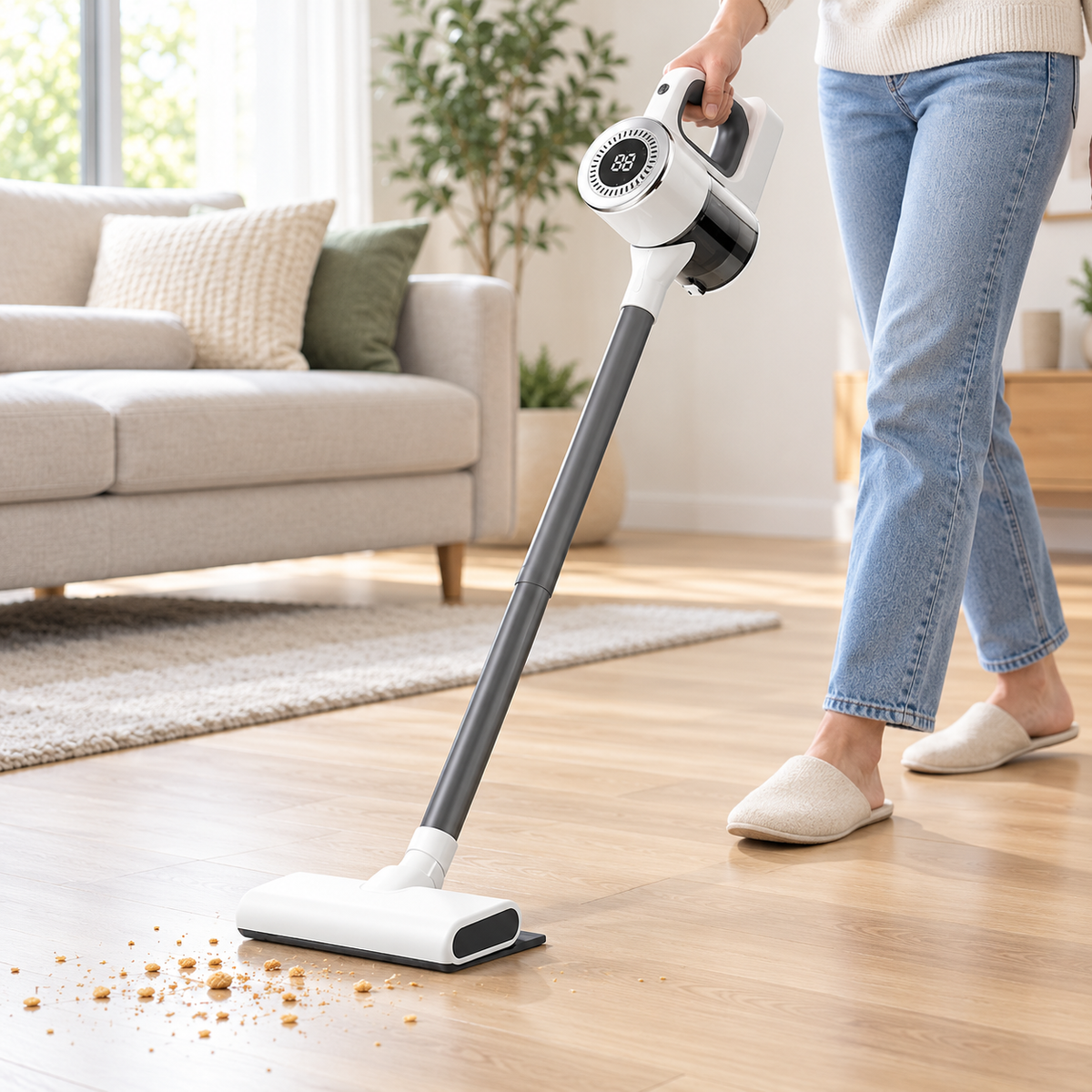 Aspirator vertical fără fir 2 în 1, cu funcție mop, 100 W, 3 trepte de putere și accesorii incluse